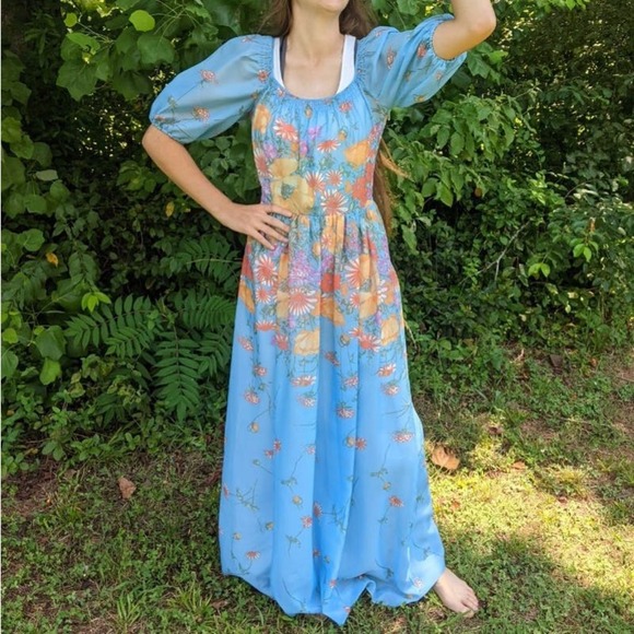 Vintage Maxi Dress S Blue Floral 60s 70s Long Boho Hippie Deha of Sweden Prom - Picture 15 of 16